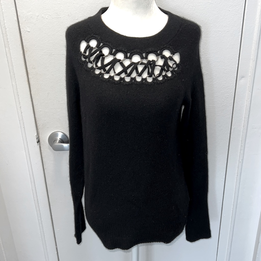 White + Warren 100% Cashmere Sweater With Silver Hardware Cut Outs